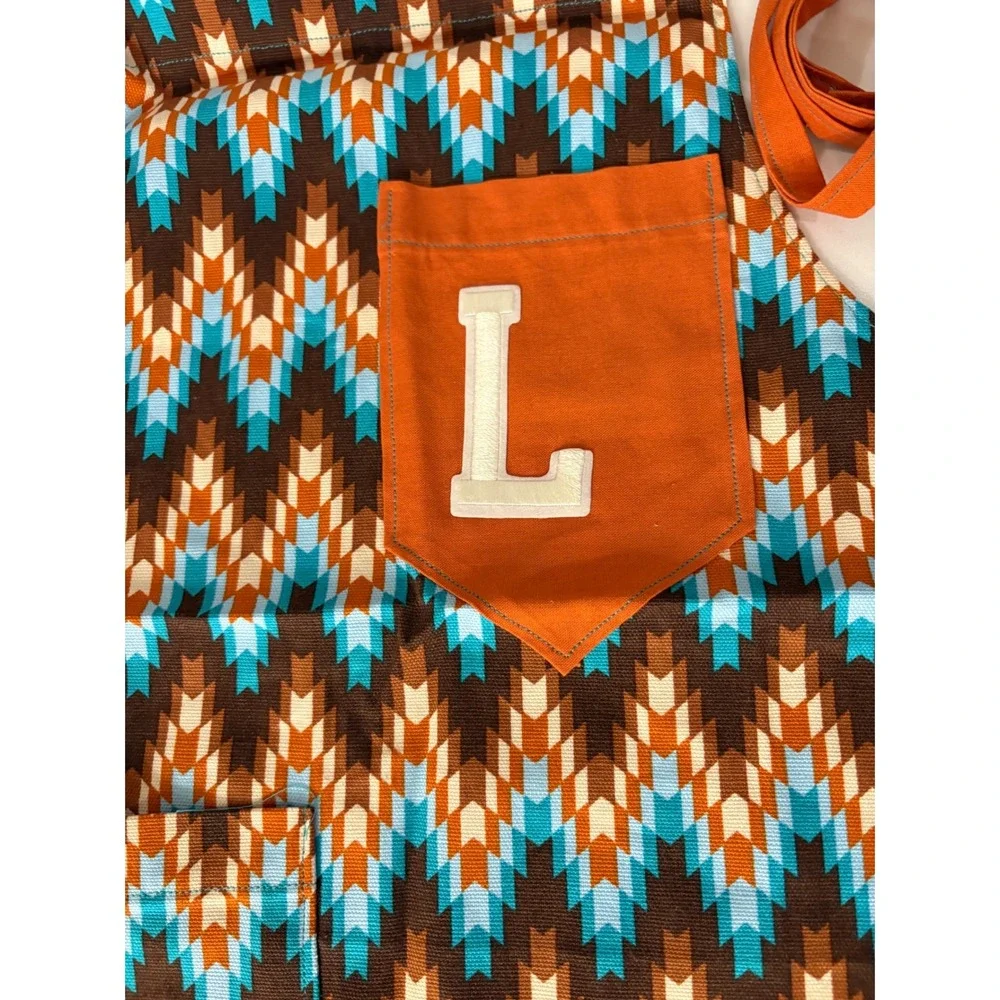 Handmade Kids Apron Initial L Brown Blue Orange Chevron Pattern Crafting Cooking